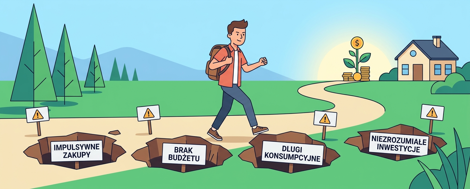Ilustracja typowych pułapek finansowych na drodze do FIRE - osoba omijająca dziury symbolizujące błędy takie jak brak IKE i IKZE, zbyt późne inwestowanie i emocjonalne decyzje podczas bessy